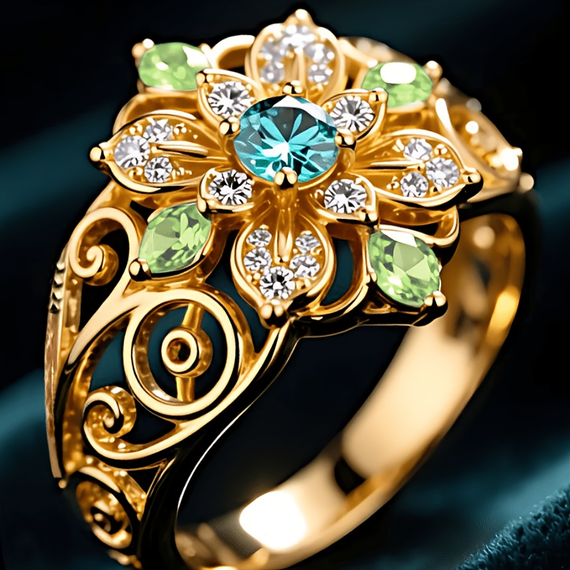Women's Retro Floral Green Gemstone Zirconia Copper Ring